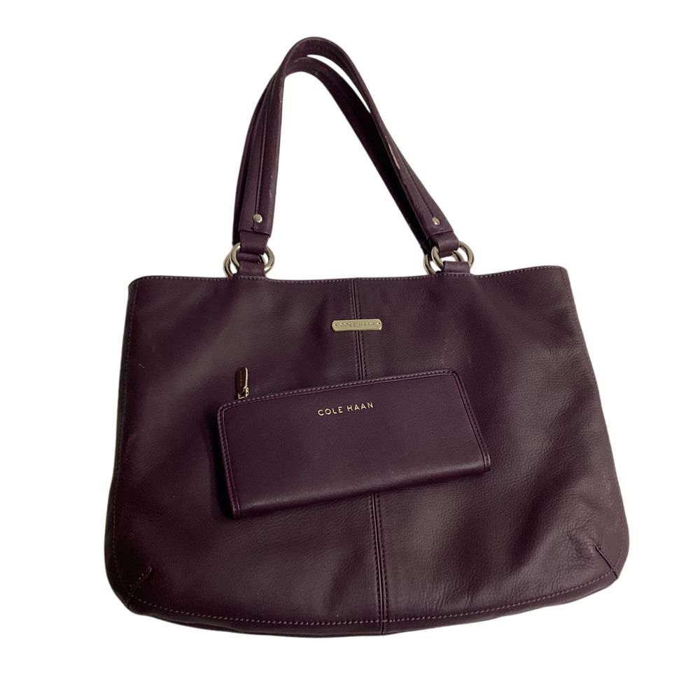 Cole Haan Purple Leather Hand Bag Matching Wallet Gold Hardware Shoulder Purse